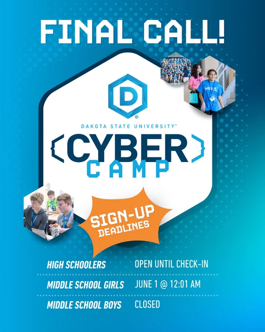 FINAL CALL for DSU Cyber Camps!
 
✅ Middle School Boys Camp is FULL
⏳ Middle School Girls Camp closes Monday, June 1 at 12:01 a.m.
🎯 High School Cyber Camp remains open until camper check-in
