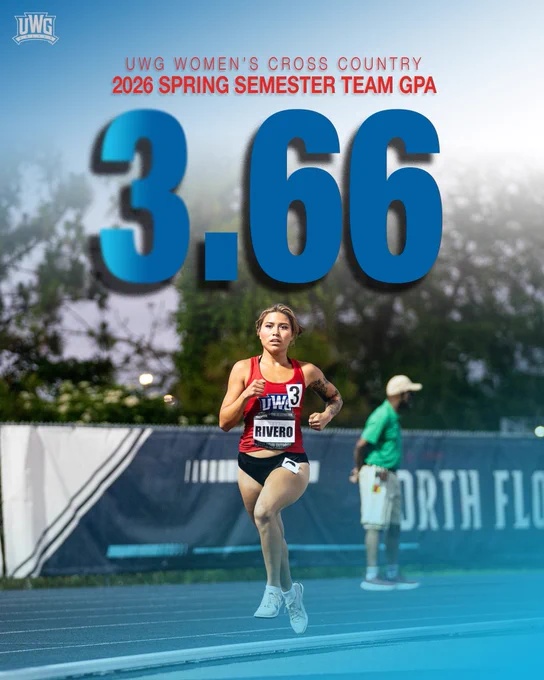 Promotional graphic for the UWG Women’s Cross Country team showing a 2026 Spring Semester Team GPA of 3.66 in large blue numbers over a photo of a female runner competing on a track. The runner wears a red UWG uniform with a race bib reading “Rivero.” UWG Wolves logo appears in the top left corner against a blue gradient background.