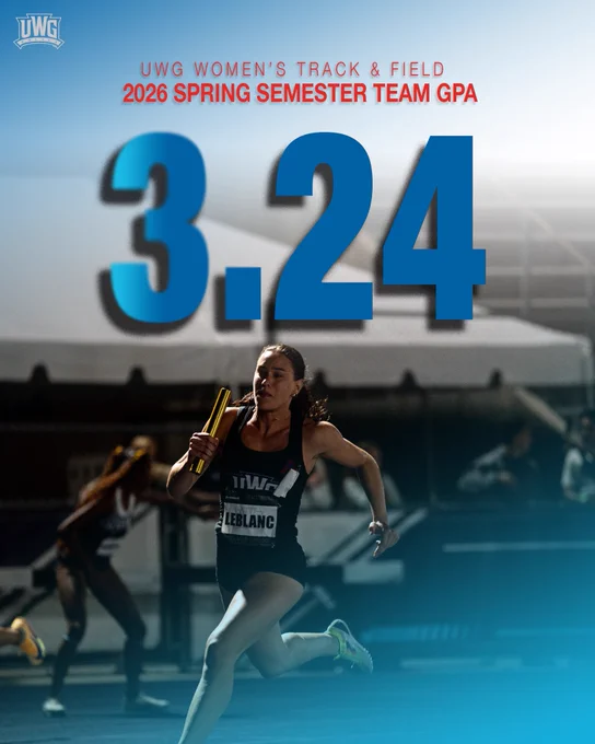 Promotional graphic for UWG Women’s Track & Field announcing the “2026 Spring Semester Team GPA” with a large blue “3.24” displayed over an action photo of a female relay runner sprinting indoors while holding a gold baton. The athlete wears a black UWG uniform with a “LeBlanc” bib, with another runner blurred in the background. The image has dark blue tones with a bright blue gradient at the bottom, and the UWG Wolves logo appears in the top left corner.