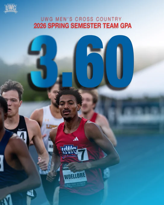 Promotional graphic for the UWG Men’s Cross Country team showing a runner in a red UWG uniform during a race. Large blue text reads “3.60” with smaller red text above stating “2026 Spring Semester Team GPA.” The UWG Wolves logo appears in the top left corner against a blue gradient background.