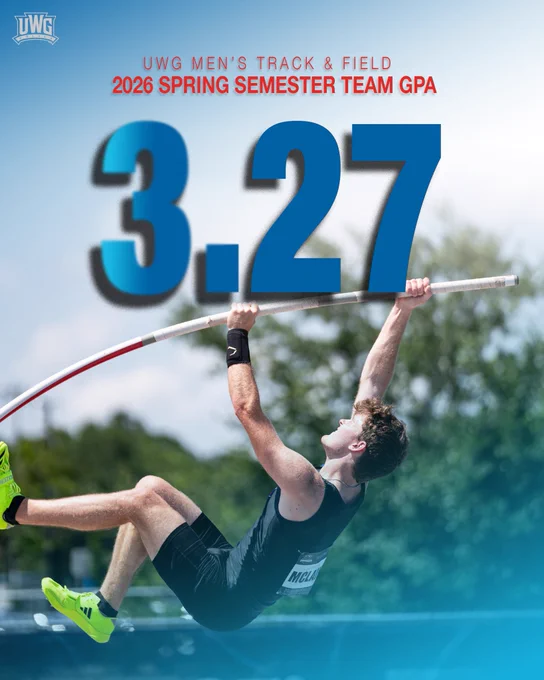 Promotional graphic for the UWG Men’s Track & Field team showing a 2026 Spring Semester Team GPA of 3.27 in large blue numbers over a photo of a male pole vaulter mid-jump. The athlete wears a black uniform and neon yellow shoes while clearing the bar outdoors. UWG Wolves logo appears in the top left corner against a blue gradient background.