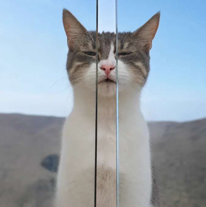 In a crack between two glass panes, Dusty a white cat with tabby face markings, pokes her lovely pink nose, eyes half shut with a hilly, blue sky background behind her