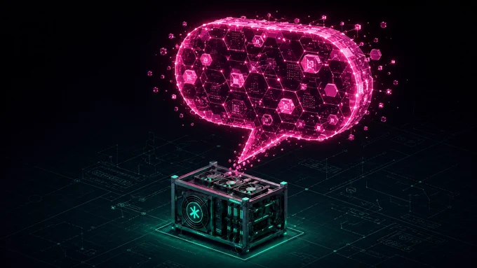Isometric digital illustration of a small virtual mining rig with a neon magenta speech bubble floating above it; the bubble is composed of glowing hex/payload data, set against a dark blueprint-grid background with Kaspa teal-mint accents.