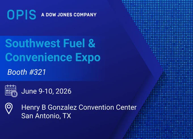 Promotional graphic for OPIS Southwest Fuel & Convenience Expo 2026. Includes booth #321, dates June 9-10, and location at Henry B Gonzalez Convention Center, San Antonio, TX.