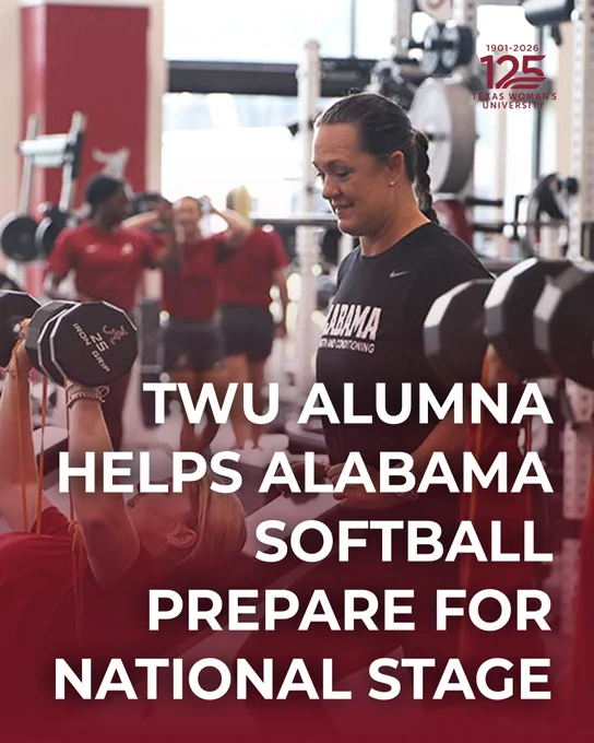 A person assists another with weightlifting in a gym, with "Alabama Softball" visible on a shirt. The image includes the text: "TWU alumna helps Alabama softball prepare for national stage." Texas Woman's University logo is in the corner.