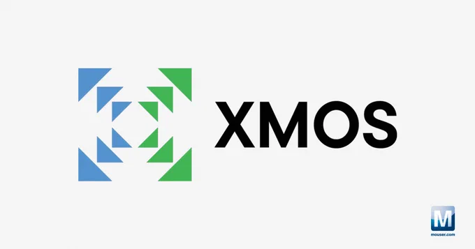 XMOS logo featuring a geometric icon made of blue and green triangular shapes next to the word “XMOS,” with a small Mouser logo in the bottom-right corner.