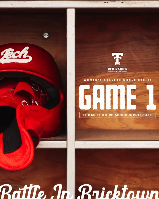 Texas Tech softball helmet in a dugout cubby with text "Women's College World Series Game 1 — Texas Tech vs Mississippi State | Battle in Bricktown" and the Red Raider Club logo