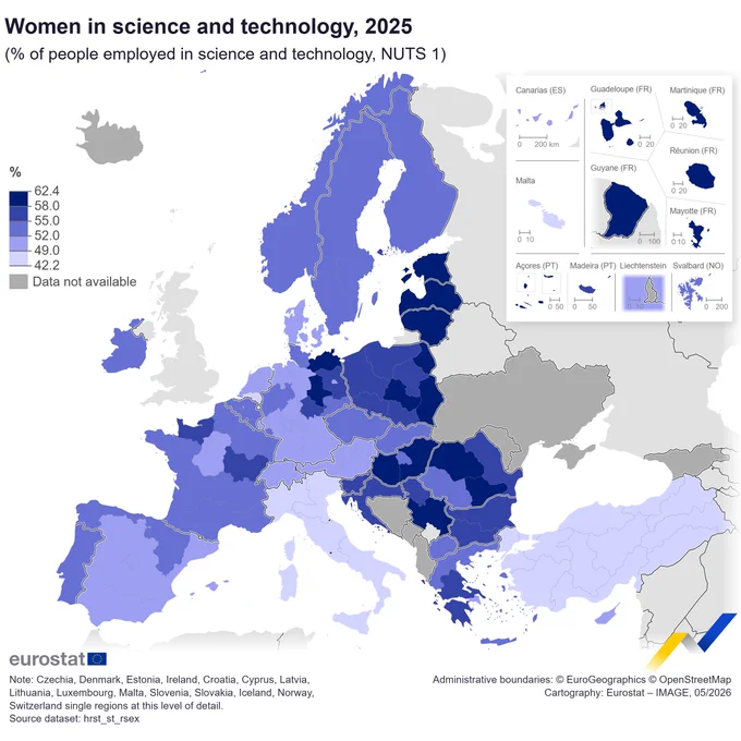 Map showing Women in science and technology, 2025 (% of people employed in science and technology, NUTS 1), Among EU countries, EFTA and candidate countries with available data. 
