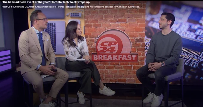 CP24 Breakfast hosts sit opposite Rob Khazzam for a TV interview about Float