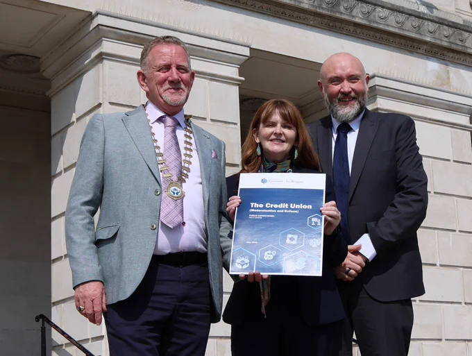 Economy Minister Dr Caoimhe Archibald is pictured with Brendan Jenkins ILCU President and Martin Fisher, Head of NI ILCU.