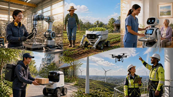 A future where robots collaborate with workers in productive activities. AI-gen. 