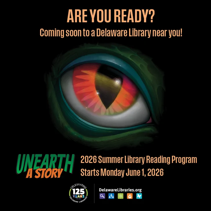 Close-up of a reptilian eye with text announcing the 2026 Delaware Summer Library Reading Program starting June 1.