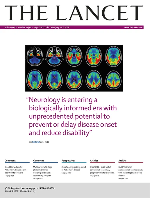 Cover of The Lancet's Special issue on Neurology. Image: Axial brain slices of tau PET parametric images using [18F]MK-6240, overlaid on a grayscale template MRI, from amyloid-\u03B2 positive HEAD study participants with mild cognitive impairment. Warmer colours indicate higher tracer uptake. Copyright: \u00A9 Pascoal Lab, University of Pittsburgh . Quote on cover reads: \"Neurology is entering a biologically informed era with unprecedented potential to prevent or delay disease onset and reduce disability.\"