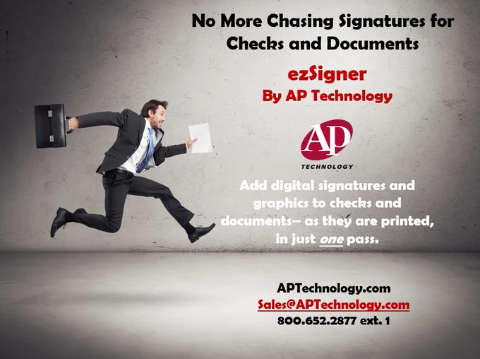 #ezSigner by #APTechnology. Add digital signatures and graphics such as logos to checks and documents, as they are printed, in one pass. No more chasing signatures. Free 30-day trial. https://www.aptechnology.com/check-signing.html