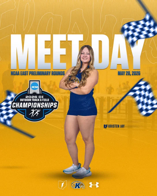 The image is a promotional poster for the NCAA East Preliminary Rounds on May 28, 2026, featuring the text "MEET DAY" in large letters. The background is yellow, and a person stands confidently, wearing athletic apparel. The NCAA Division I Outdoor Track & Field Championships logo is visible. The name "Kristen Jay" is mentioned. Blue and white checkered flags frame the person.