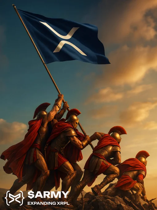 Five armored warriors raising a large XRP flag on a rocky hill at sunset, symbolizing the XRP Army’s unity, resilience and loyalty. Cinematic scene with red capes, bronze armor and dramatic golden sky. ARMY community logo and “Expanding XRPL” text visible in the lower corner.