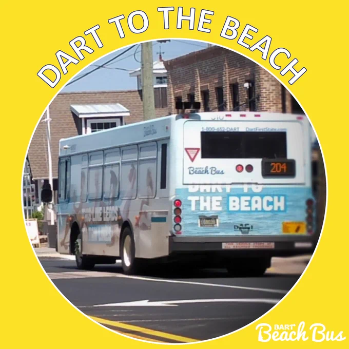 yellow background with text stating DART to the beach with an image of the Route 204 Yellow line bus