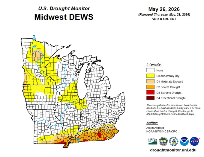 A U.S. Drought Monitor map focusing on the Midwestern United States with data valid through May 26, 2026, showing little drought outside of Kentucky, southern Missouri, and a few pockets in the Upper Midwest.
