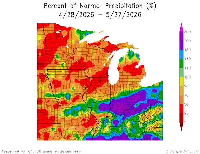 A map of the Midwestern United States shows the percent of normal precipitation from April 28 to May 27, 2026, with a stark contrast between dry northern areas and wet southern regions. While areas like Wisconsin, Michigan, and northern Illinois experienced severe deficits under 50% of normal precipitation, a heavy band stretching across southern Illinois, Indiana, and Ohio received well over 150% to 300% of its normal rainfall.