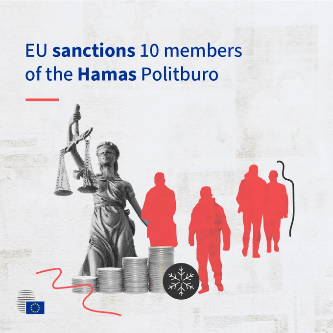 Collage including lady justice, three piles of coins with the frozen symbol and some red silhouettes. The text on the visual reads 'EU sanctions members of the Hamas Politburo'.