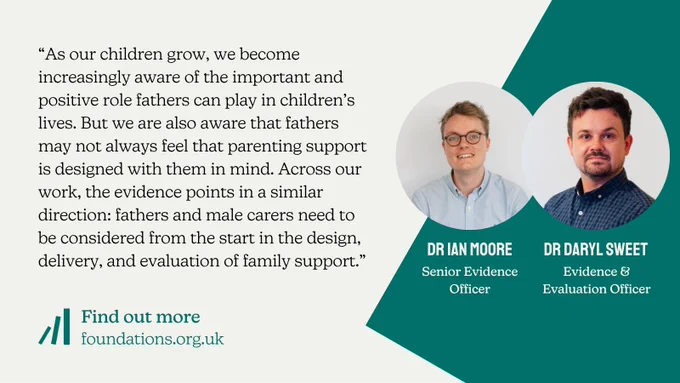 A Foundations-branded quote card, with a quote from Dr Ian Moore, Senior Evidence Officer, & Dr Daryl Sweet, Evidence & Evaluation Officer. The quote reads: "As our children grow, we become increasingly aware of the important and positive role fathers can play in children's lives. But we are also aware that fathers may not always feel that parenting support is designed with them in mind. Across our work, the evidence points in a similar direction: fathers and male carers need to be considered from the start in the design, delivery, and evaluation of family support."