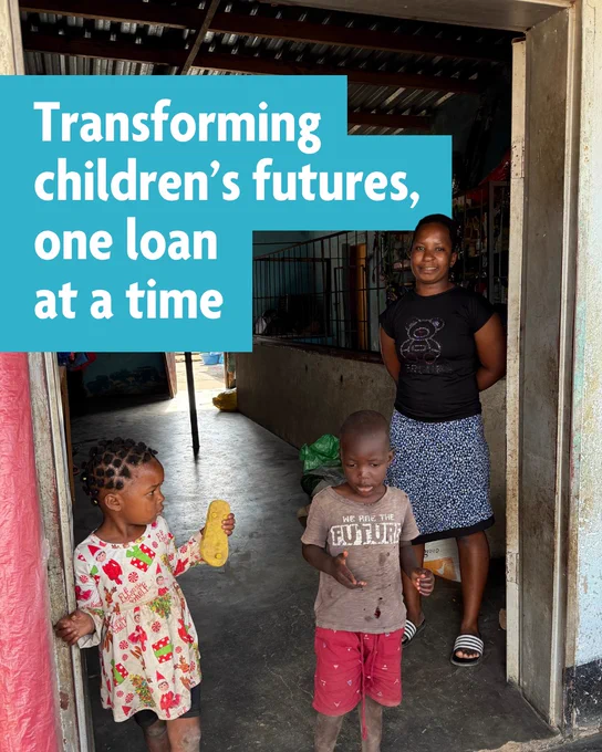 A photo of a MicroLoan Foundation client called Rejoice standing by the doorway of her hardware store with her daughter and a little boy. Text over the image says: ‘Transforming children’s futures, one loan at a time.’