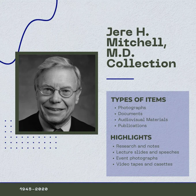 A blue, green, and purple graphic about the Jere H. Mitchell, M.D. Collection. It also includes a faculty portrait of Dr. Mitchell.