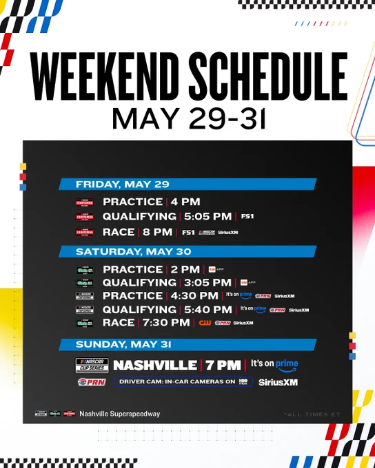 Weekend schedule for Nashville, highlighted by the CRAFTSMAN Truck Series Friday at 8 p.m. ET on FS1, the O'Reilly Auto Parts Series Saturday at 7:30 p.m. ET on The CW, and the Cup Series Sunday at 7 p.m. ET on Prime Video.