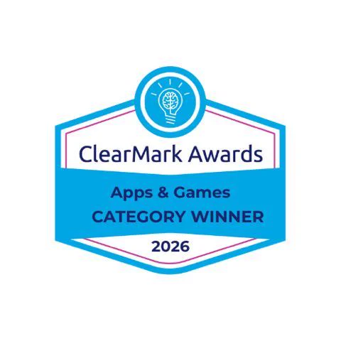 A badge with the ClearMark Awards logo and text ClearMark Awards, Apps & Games Category Winner 2026