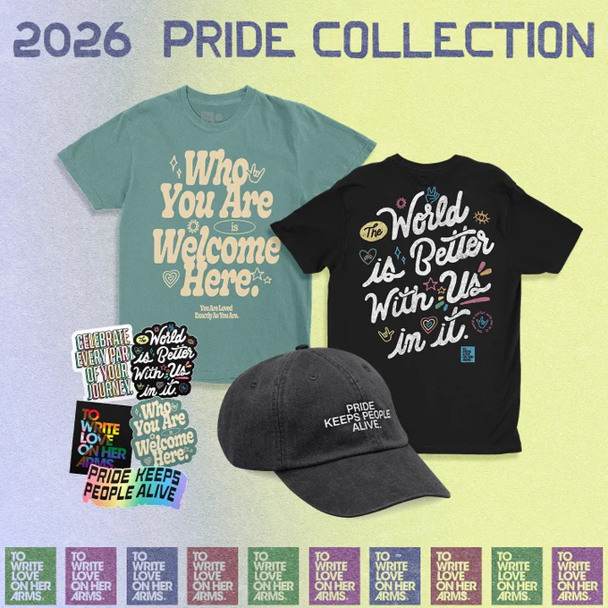 2026 Pride Collection. Two t-shirts, a hat, and a sticker pack all featuring various pride designs.