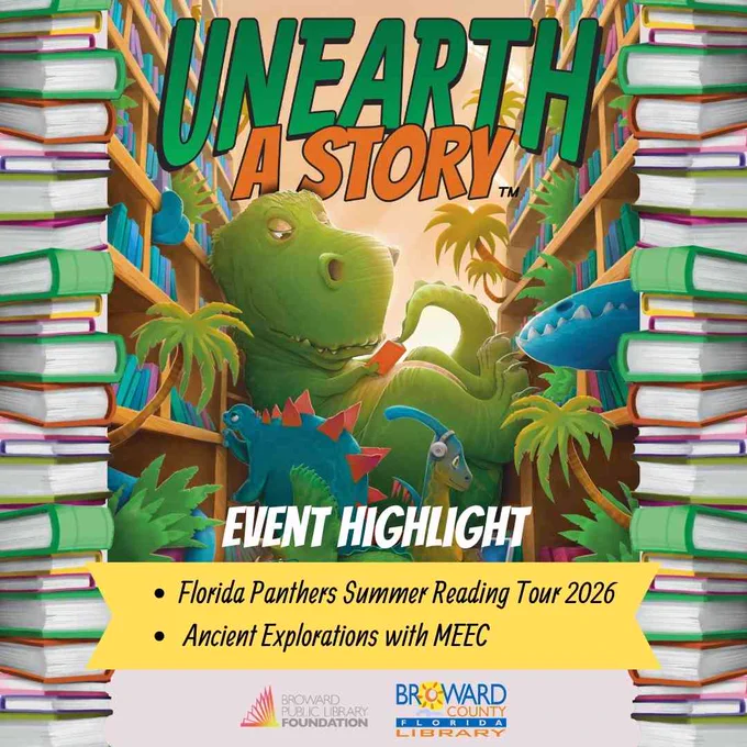 Event highlight graphic for the Broward County Library Summer Learning Program, featuring a dinosaur illustration and listing the Florida Panthers Summer Reading Tour 2026 and Ancient Explorations with MEEC.