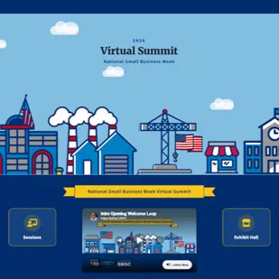 Illustration of a cityscape with buildings, factories, and a crane, featuring American flags. Text reads "2024 Virtual Summit - National Small Business Week." Below, options for "Sessions" and "Exhibit Hall" are displayed with a graphic of an opening welcome logo by the Small Business Administration (SBA) and America's SBDC.