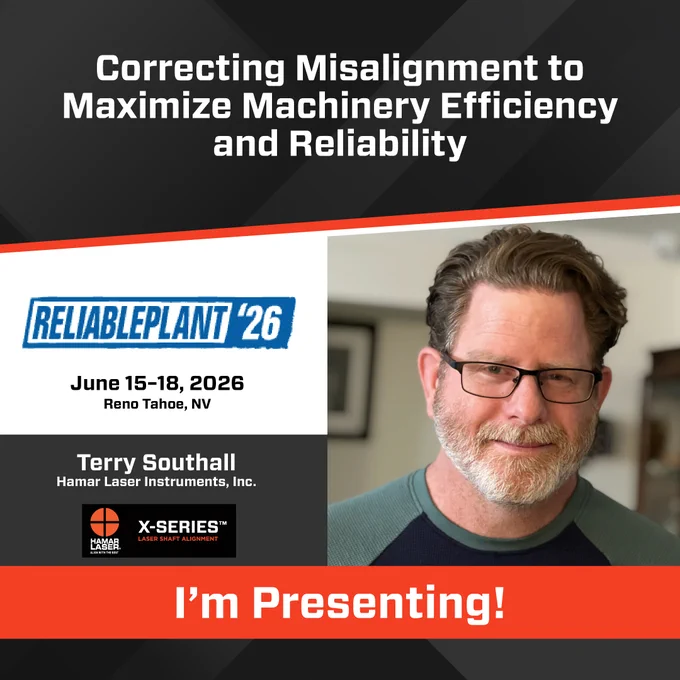 Event graphic announcing Terry Southall presenting at Reliable Plant 2026 in Reno Tahoe, Nevada, June 15 to 18, with the session title “Correcting Misalignment to Maximize Machinery Efficiency and Reliability,” alongside a headshot of Terry.
