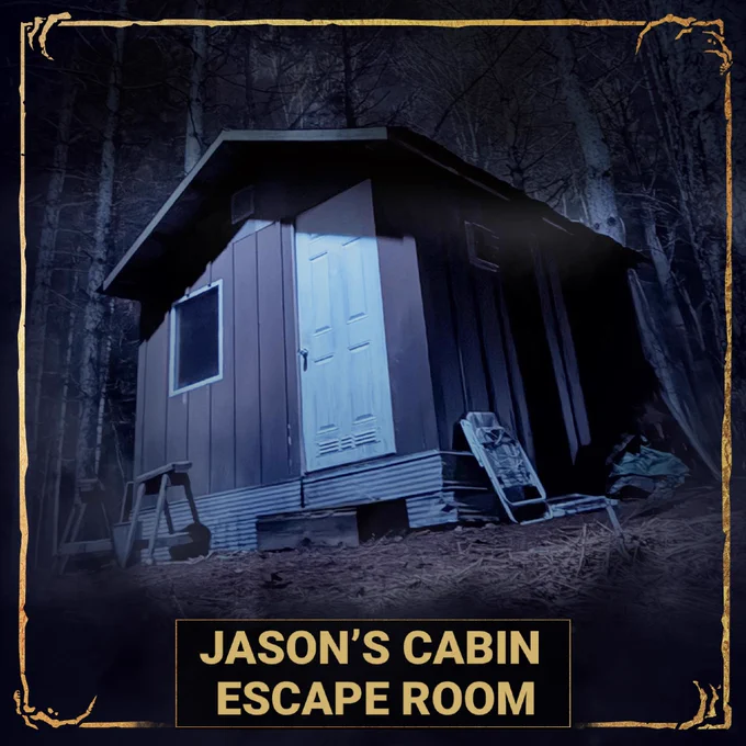 Cabin from the live stream inside of gold frame. On the bottom text reads 'Jason's Cabin Escape Room' 