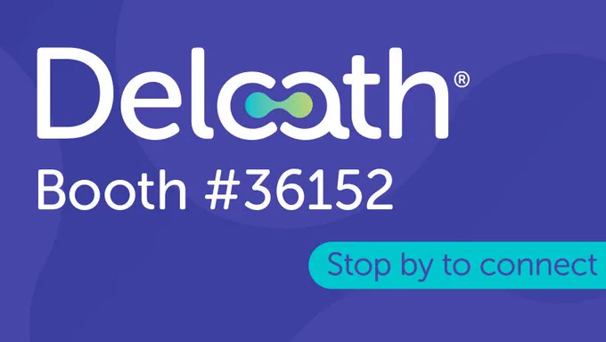 Delcath conference booth graphic with the Delcath logo, booth number 36152, and a teal banner reading “Stop by to connect” on a purple abstract background.
