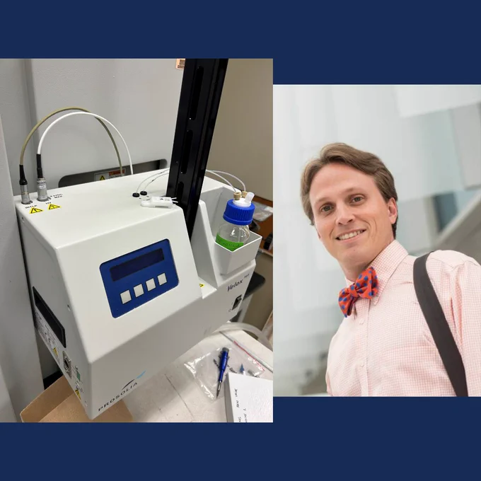 The paper spray ionization source used in the new diagnostic test and a headshot of Timothy Garrett on a blue background.