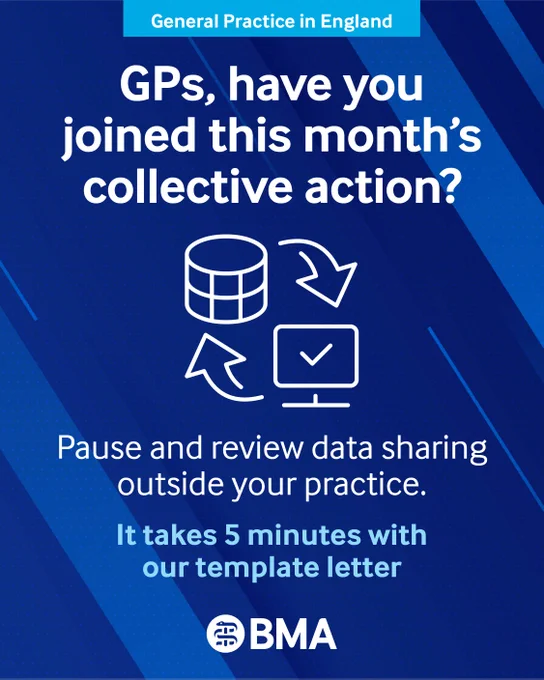 Graphic titled “General Practice in England”. Text reads: “GPs, have you joined this month’s collective action?” Below, icons of a database, arrows and a ticked screen. Further text: “Pause and review data sharing outside your practice. It takes 5 minutes with our template letter.” BMA logo at the bottom.