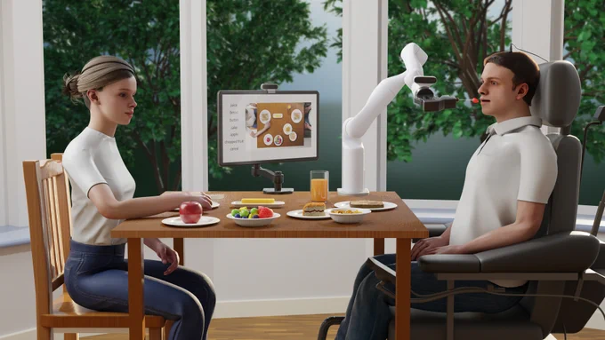 AI-generated image of man seated at table and eating assisted by robotic arm controlled via brain-computer interface technology, with a woman caregiver observing 