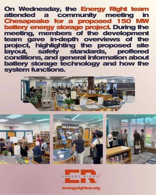 A meeting discussing a 150 MW battery energy storage project in Chesapeake, with an emphasis on safety and technology.