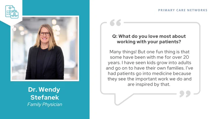 Alt text: Portrait of Dr. Wendy Stefanek, a family physician, smiling, wearing a dark blazer and shirt. The image includes a quote about what she loves most about working with her patients. Full text in image is also included in the post caption.