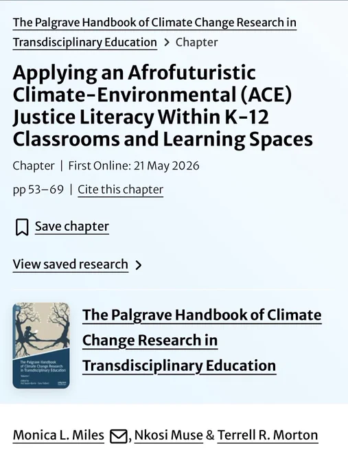 Image showing the cover of the ACE book chapter, including the name of the book: The Palgrave Handbook of Climate Change Research in Transdisciplinary Education