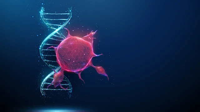 A cancer cell in front of a double-helix.