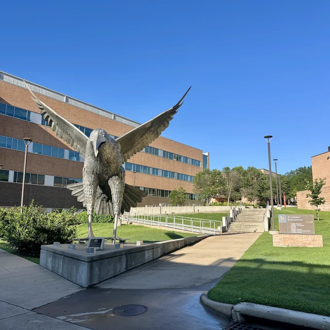 A sunlit outdoor area featuring a large, leafy tree and brick structures at Sam Houston State University.