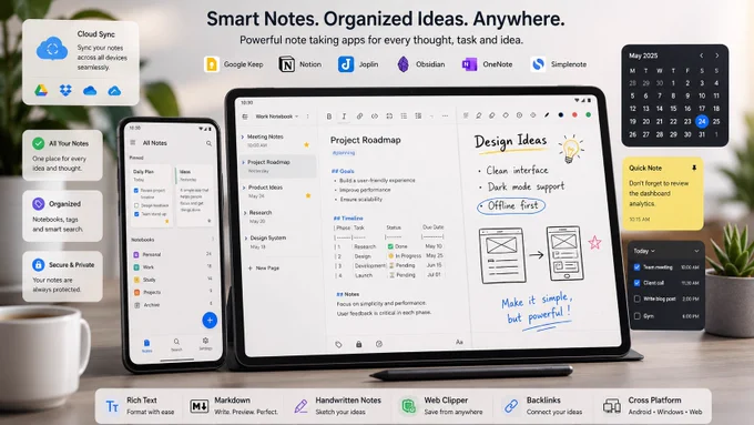 Promo for note app on phone and tablet showing notes, calendar, tasks, and handwritten design ideas on a desk.
