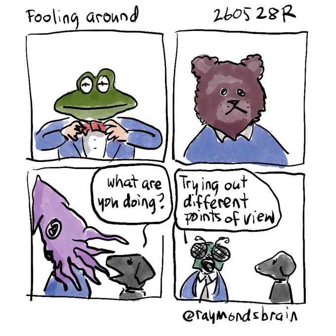 Frog in bow tie; bear in golf shirt; squid talking to dog; fly in necktie with dog