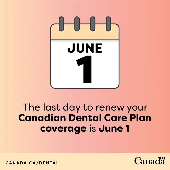 The last day to renew your Canadian Dental Care Plan coverage is June 1.

Graphic of a calendar.