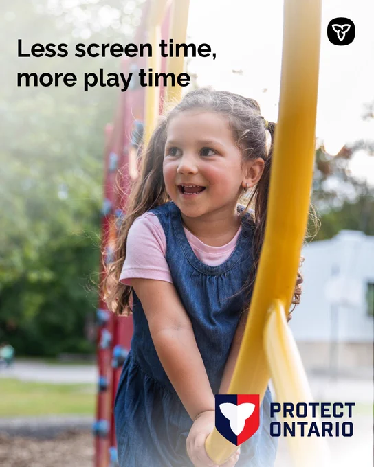 Smiling girl on playground holding a yellow bar; slogan "Less screen time, more play time"