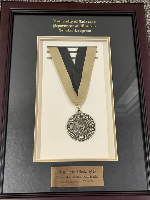 Dr. Benjamin Click was recognized as the Christie-Gee Family DOM Scholar for his project focused on reducing inflammatory burden prior to surgical resection in Crohn’s disease through advanced imaging analytics and multicenter research collaboration.