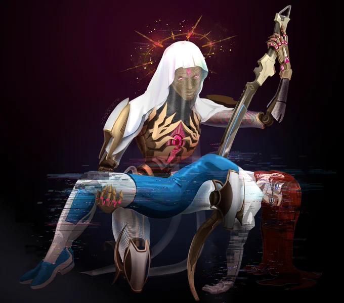 digital illustration of Ash from Apex Legends. Simulacrum Ash holds human Ash on her knee, coldly plunging her sword into human Ash's heart.  Sim Ash is in her brand new Prestige skin, with a white veil and head coverings with a spiked halo at the back of her head. Her body is gold, sharp, almost feather-like shapes encasing her chest with a massive magenta eye peering through the center. Her faceplate is gold with the same magenta for her eyes. Human ash is in her assistant's uniform, her arm is dangling listlessly and her red hair pools on the ground. There's a significant glitching effect over her body.