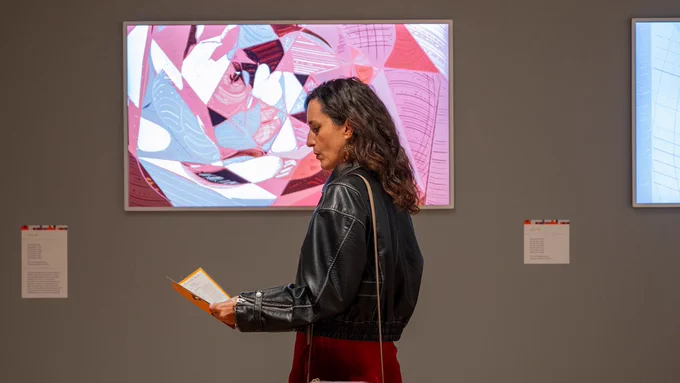 Visitor Viewing EMULATION: Selections from the Art Blocks 500. Photo Credit: David Mayes Photography